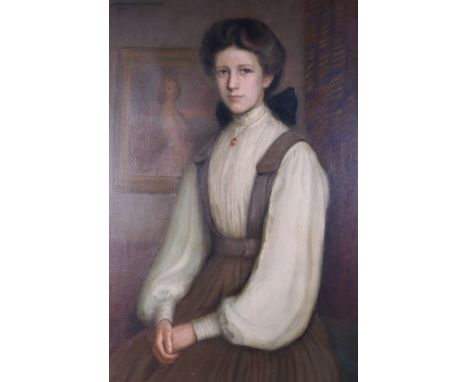 J Etherington Bartholomew, 1907: oil on canvas, portrait of a seated woman in period dress, 36" x 23", in gilt frame