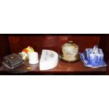 A Chelsea Pottery cheese dish, a stilton dish, a Clarice Cliff style jam pot and sugar bowl, a