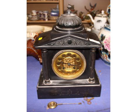 A 19th century slate mantel portico clock with gilt dial, 13 1/2" high