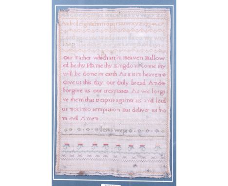 An 18th century needlepoint sampler, by Sarah Darby, dated 177?, 12 1/2" x 8 1/2", in maple frame