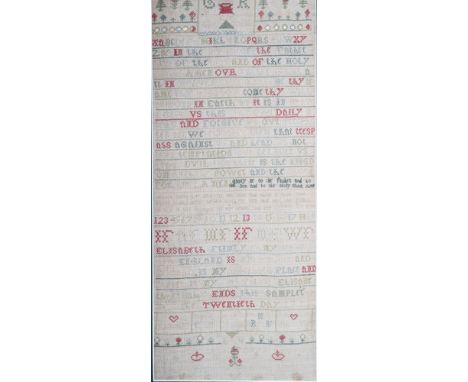An 18th century needlepoint sampler, dated 1732, 17 1/2" x 7", in maple frameCondition:Some slight staining to top and bottom