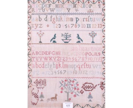 A 19th century needlepoint sampler, 17" x 12", in maple frame