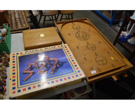 A Bagatelle board; a cutlery box and a marble maze