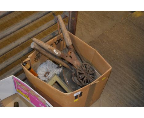A box containing hand tools; trivet; brass letter box etc