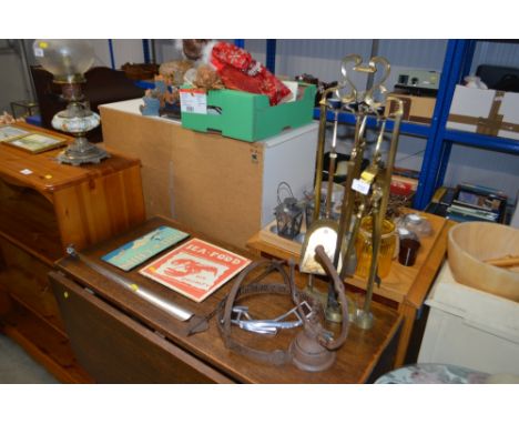 A companion set; part armillary sphere; reproduction advertising prints; shoe horn etc.