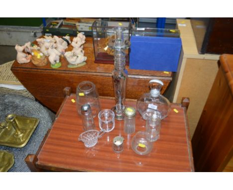 A collection of glassware to include decanter, large candlestick etc. 