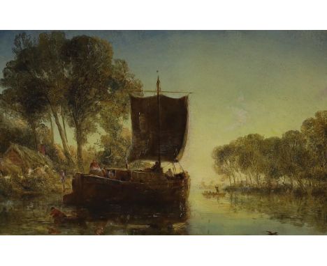 William Joseph Julius Caesar Bond (1833-1926), oil on wooden panel, River landscape with sail barge, signed on the bow of the