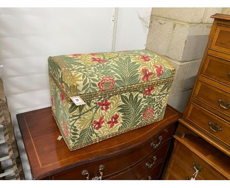 A small domed top box with floral tapestry cover, width 57cm, height 37cm