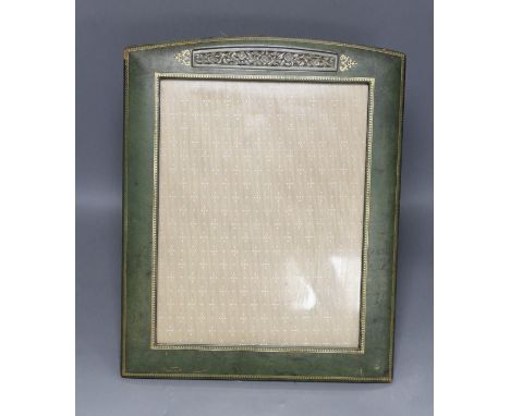 An early 20th century tooled photograph frame with inset Chinese pierced bowenite jade panel, 43cm tall
