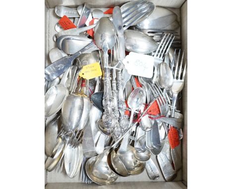 A mixed group of assorted mainly 19th century silver flatware, various pattern, dates and maker's, including a Victorian silv