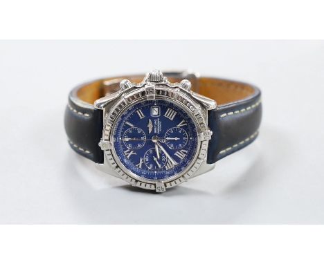 A gentleman's modern stainless steel Breitling chronograph automatic wrist watch, with blue Roman dial, on leather strap with