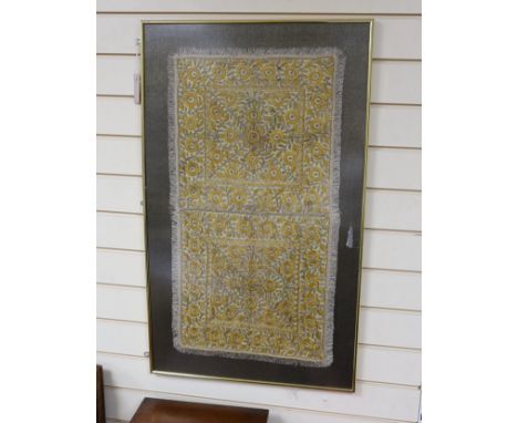 A framed embroidered silk and metal thread panel, possibly Ottoman, 75x38cm excl frame