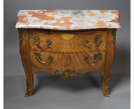 A miniature Louis XV style kingwood and marquetry marble topped serpentine commode, 35cm wide