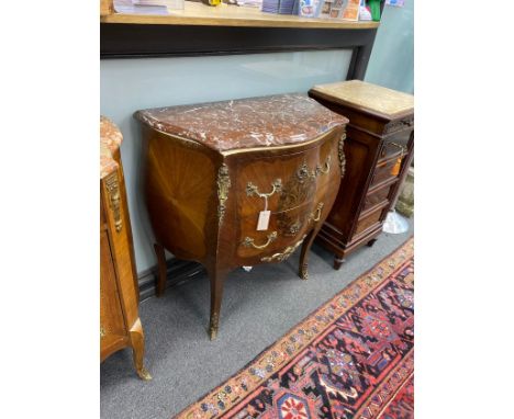 A Louis XVI style gilt metal mounted kingwood marble topped bombe commode, width 38cm, depth 39cm, height 80cm
