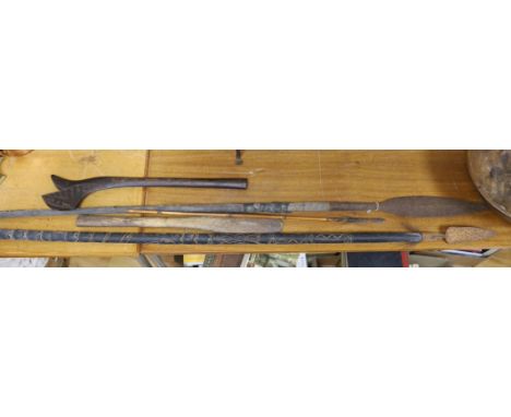 Tribal weaponry - two spears, two clubs and an arrow, longest 236cm