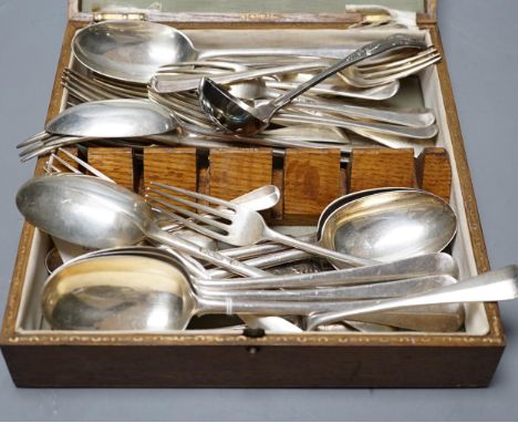 A part canteen of late Victorian silver rat tail pattern flatware, London, 1897, two other silver items of flatware and two p