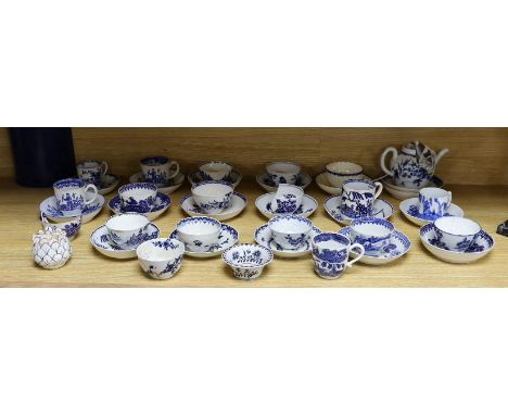 A large group of 18th century Worcester, Caughley and Liverpool blue and white tea bowls, coffee cups and saucers etc. includ