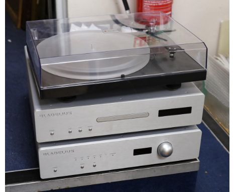 A Bladelius pre main amplifier model TYR and CD player model SYN, a Pro-Ject Xpression III turntable, pair of speakers and a 