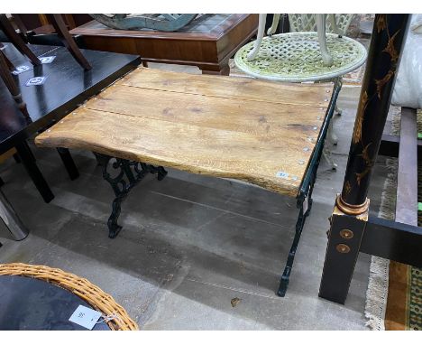 A Victorian style painted cast metal and oak rectangular garden table, width 100cm, height 67cm