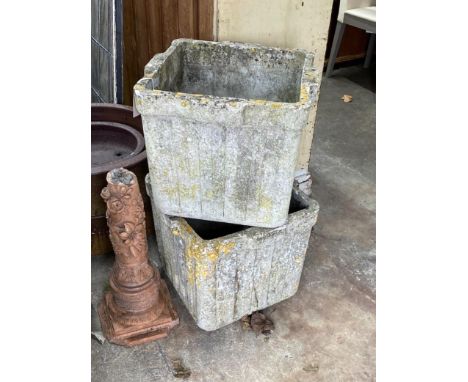 A pair of reconstituted stone square garden planters, width 42cm, height 36cm
