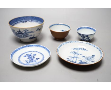 Two Chinese Nanking cargo teabowls and saucers and a Diana cargo sugar bowl, largest 12cm diameter