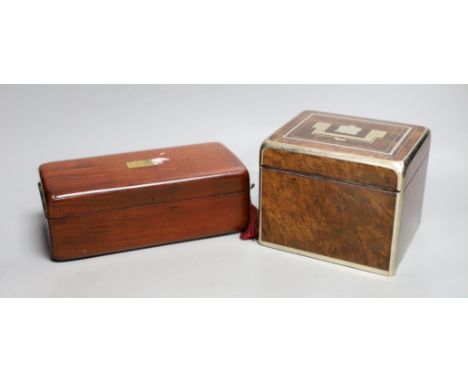 A 19th century Dutch amboyna and brass mounted tea caddy, 14 cm wide and a 19th century French mahogany box by Aucoc Aine a P