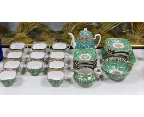 A Chinese pakchoi cabbage pattern set of tea cups and saucers, others similar, Republic period