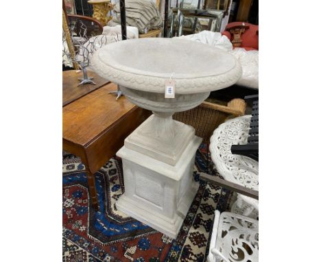 A cast resin faux marble garden urn on square stand, diameter 75cm, height 120cm