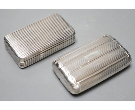 A George III ribbed silver snuff box, Londonm 1799, 72mm and one other similar later ovoid snuff box, TS, Birmingham, 1827.