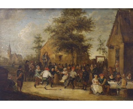 After David Teniers The Younger (1610-1690), oil on oak panel, Revellers beside a tavern, 14 x 20cm