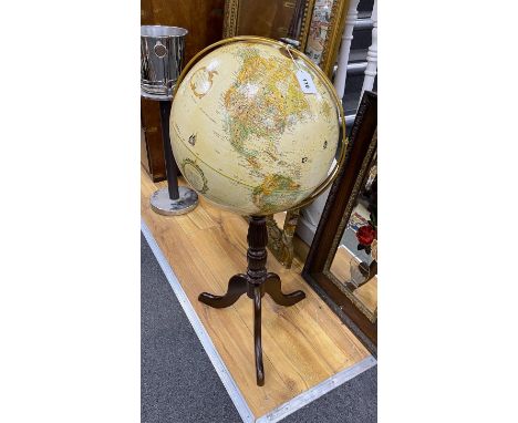 A Replogle 16inch terrestrial globe on tripod stand height 97cm.