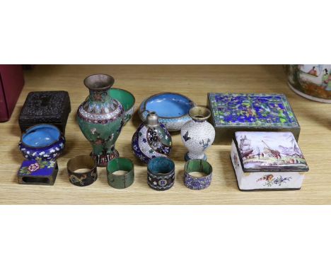 A group of Chinese and Japanese cloisonné enamel wares and a Continental enamel snuff box, largest 16cm