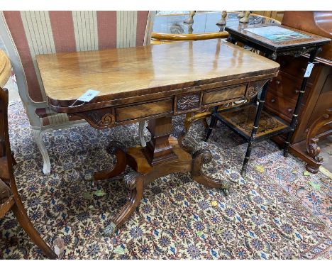 A Regency mahogany folding card table, width 92cm, depth 45cm, height 74cm