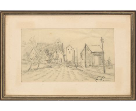 Franz Radziwill (1895 Strohhausen - 1983 Wilhelmshaven)Friesische Dorfstraße mit kleinem TurmWohl in den 1930 bis 1950er Jahr