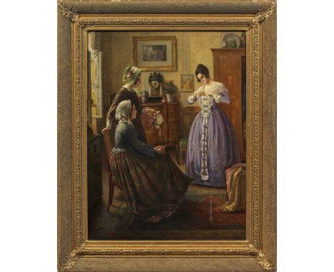 Karl Maria Schuster (1871 Purkersdorf - 1953 Wien)Biedermeier-Interieur mit junger Dame beim Vorführen ihres neuen KleidesSti