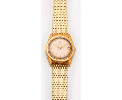 Herrenarmbanduhr "Eterna Matic" aus den 60er Jahren Gelbgold, gest. 750. Rundes Uhrengehäuse, satiniertes Zifferblatt mit Ind