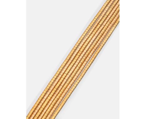 Cocktail-Armband aus den 50er Jahren Gelbgold, gest. 750. Sog. "Spaghetti-Armband" aus fünf Milanesebändern. Gew. ca. 40,31 g