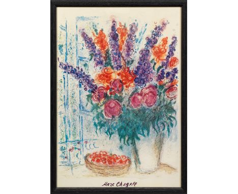 Marc Chagall (1887 Witebsk - 1985 Saint-Paul-de-Vence)Stillleben mit Blumen und KirschenFarboffsetlithografie/Velin. Nach ein