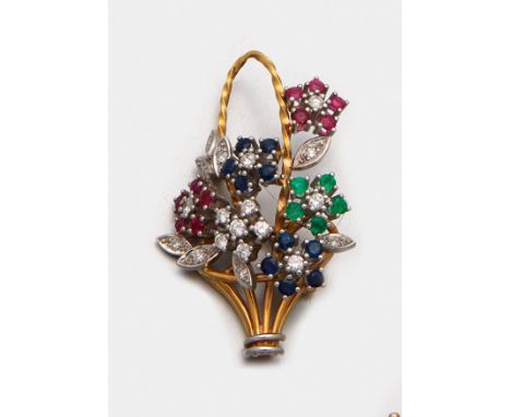 Repräsentative Multicolor-Brosche Gelbgold, teilw. mit Weißgold verbödet, gest. 750. Dekorativ gestaltete Brosche in Form ein