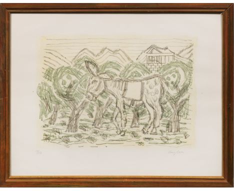 Eduard Bargheer (1901 Hamburg - 1979 ebenda)Esel im Olivenhain, mit einem Tempel im HintergrundFarblithographie/Velin, 1970. 