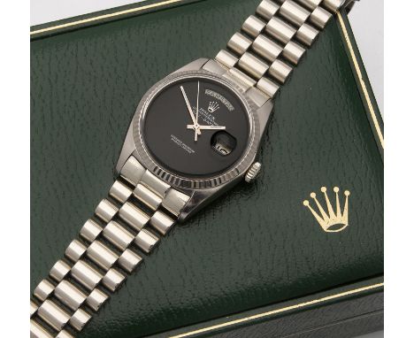 Rolex-Herrenarmbanduhr "Day Date" von 1969. Weißgold, gest. 750. Oyster Perpetual Day Date, Superlative Chronometer. Rundes U