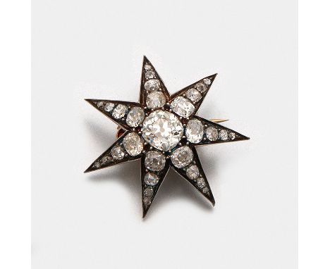 Belle Epoque-Sternbrosche mit Diamanten Gelbgold, 14 ct.; Teilw. mit Silber verbödet. Schauseitig ausgefasst mit Diamantrosen