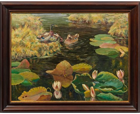 William Gislander (1890 Fleminge/Schweden - 1937 Vetlanda)Teich mit Seerosen und StockentenGroßformatiges, spätimpressionisti