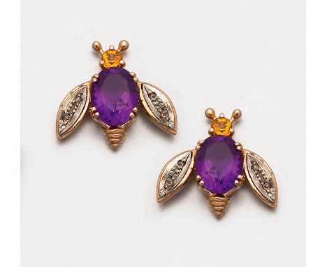 Paar dekorative Amethyst-Ohrringe Roségold, gest. 585. In Form von Bienen, schauseitig besetzt mit violettfarbenen Amethysten
