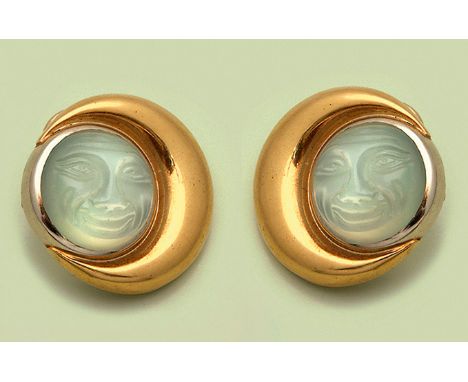 Paar Mondstein-Ohrringe von Colleen B. Rosenblat, Hamburg aus den 90er JahrenGelbgold, 18 ct. Dekorativ gestaltet in Form ein
