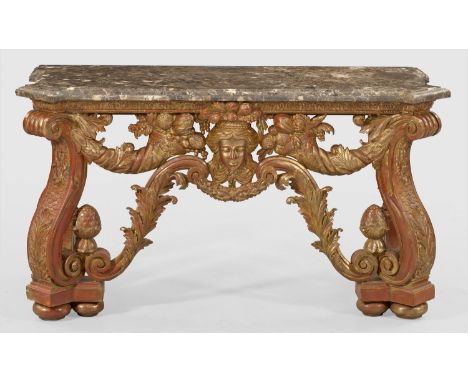 Repräsentativer Louis XIV-Konsoltisch Holz, geschnitzt, rotbraun gefasst und partiell vergoldet. Durchbrochen gearbeitetes Ge