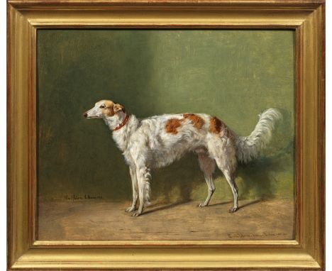 Emil Adam (1843 München - 1924 ebenda)Porträt eines BarsoiHöchst lebendig geschildertes, feinmalerisch ausgeführtes Tierbildn