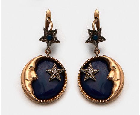 Paar Belle Epoque-Diamantohrgehänge Gelbgold, 14 ct., teilw. mit Silber verbödet sowie blau emailliert. Schauseitig besetzt m