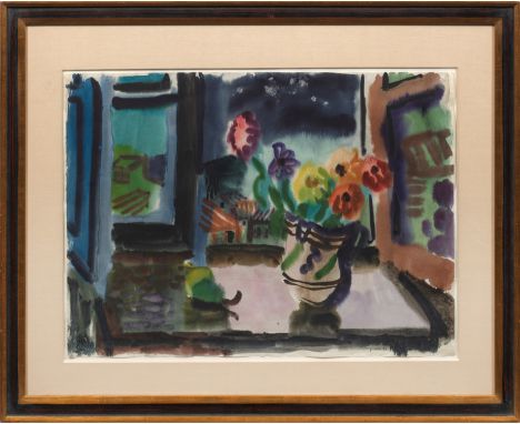Eduard Bargheer (1901 Finkenwerder - 1979 Hamburg)Interieurstillleben mit Blumenstrauß und Birne am FensterDas 1944 mittels N