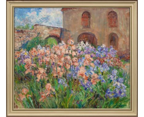 Maria Assunta Arbesser von Rastburg (1884 Venedig - 1971 Graz)Blühender Garten mit Schwertlilien vor einem alten Haus  Impres